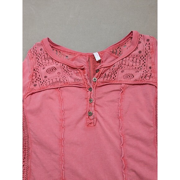 Free People Women Dark Pink Boho Crochet Detailing Long Sleeve Henley Top Size S - Picture 5 of 11